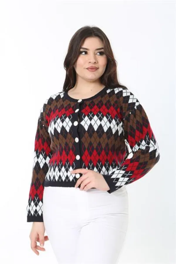 Kadın Büyük Beden Lacivert Baklava Desen Ön Düğmeli Triko Hırka 65N38863