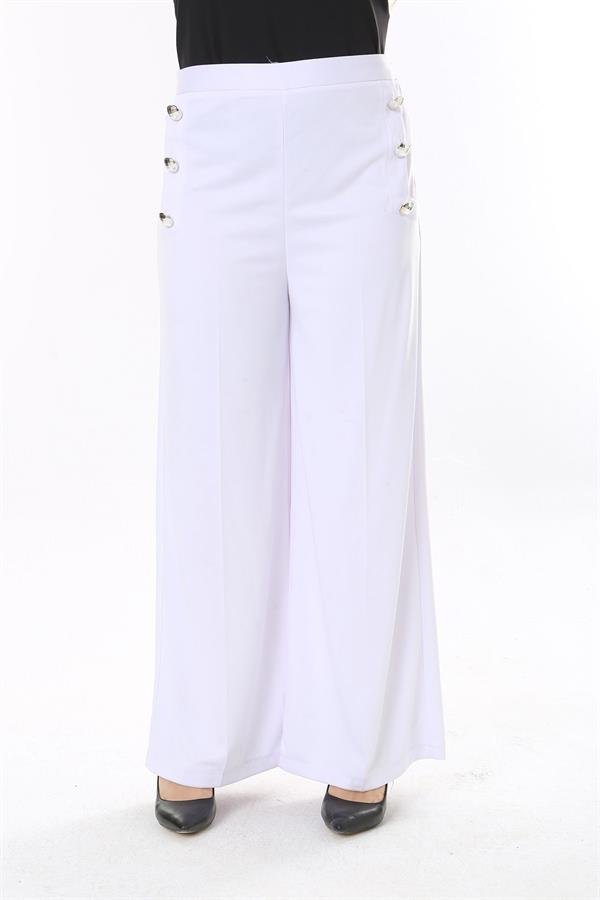 Kadın Büyük Beden Beyaz Süs Metal Düğmeli Cepsiz Pantolon 65N37817