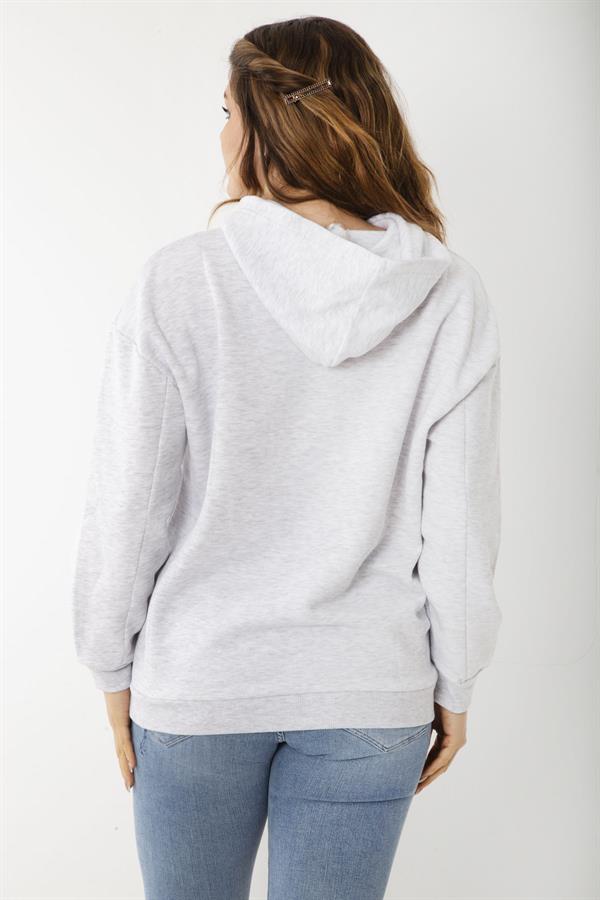 Kadın Büyük Beden Gri İçi Şardonlu Nakış Ve Kanguru Cep Detaylı Kapşonlu Sweatshirt 65N37206