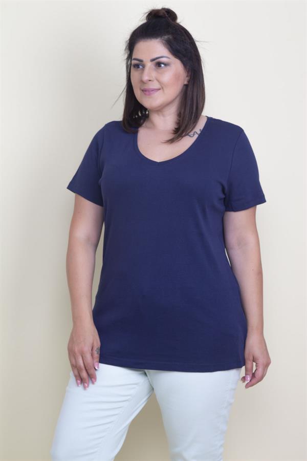 Kadın Lacivert Pamuklu Kumaş V Yaka Bluz