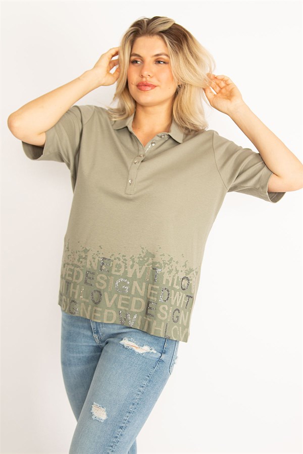 Kadın Haki Polo Yaka Pat Düğmeli Sim Ve Taş Detaylı Bluz 65N34521
