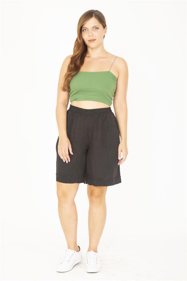 Kadın Büyük Beden Antrasit Dokuma Viskon Kumaş Beli Lastikli Şort 65N36801