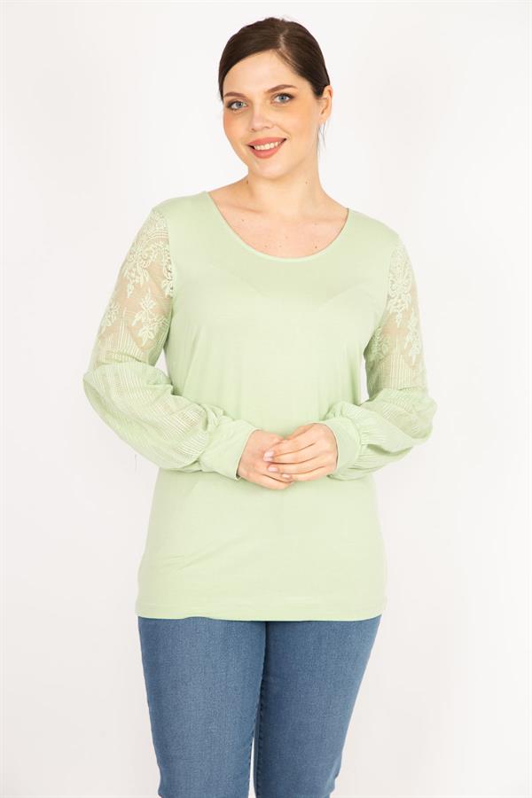 Kadın Nar Büyük Beden Kolları Tül Dantel Detaylı Tunik