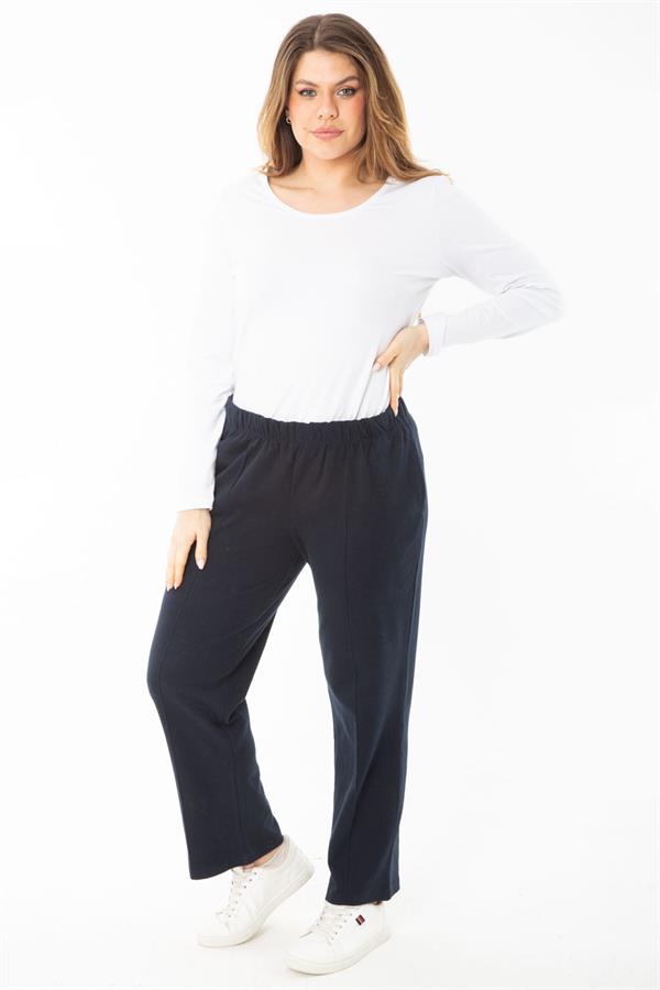Kadın Büyük Beden Lacivert Beli Lastikli Ütü İzi Çima Dikişli Yan Cepli Eşofman Alt 65N37400