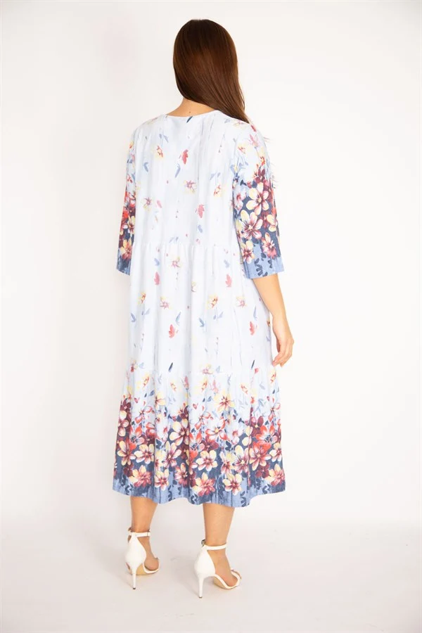 Kadın Mavi Pamuklu Kumaş Katlı Elbise 65N34949