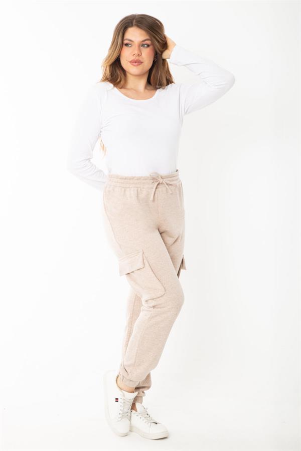 Kadın Büyük Beden Vizon Bel Ve Paçası Lastikli Kargo Cepli Eşofman Alt 65N37391