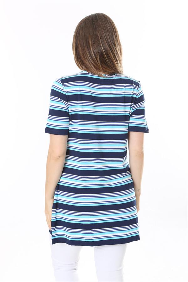 Kadın Büyük Beden Mavi Bisiklet Yakalı Kısa Kollu Çizgili Tunik 65N37850