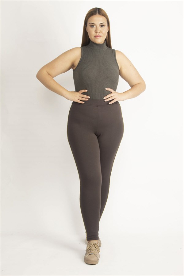 Kadın Kahve Yanları Sim Detaylı Tayt Pantolon 65N20135