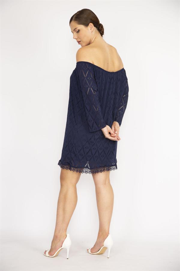 Kadın Büyük Beden Lacivert Delikiş Kumaş Yakası Lastikli Astarlı Tunik