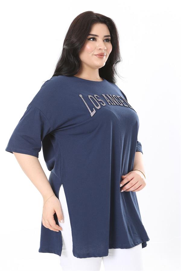 Kadın Büyük Beden Lacivert Sim Detaylı Bisiklet Yaka Yan Yırtmaçlı Kısa Kollu Bluz