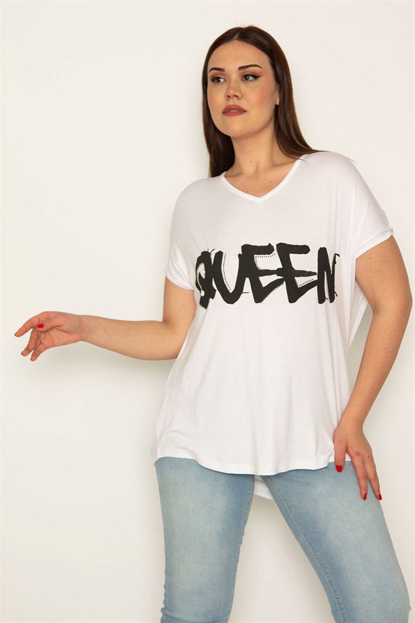 KADIN BEYAZ BASKI VE TAŞ DETAYLI V YAKALI DÜŞÜK KOLLU VİSKON BLUZ