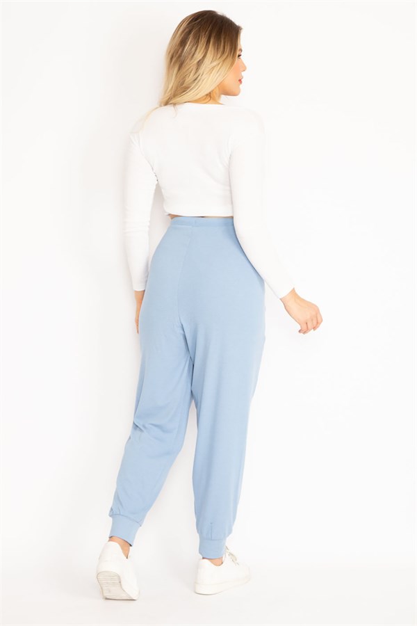 Kadın Bebe Mavisi Kendinden Çizgili Bel Bağcıklı Pantolon 65N35103