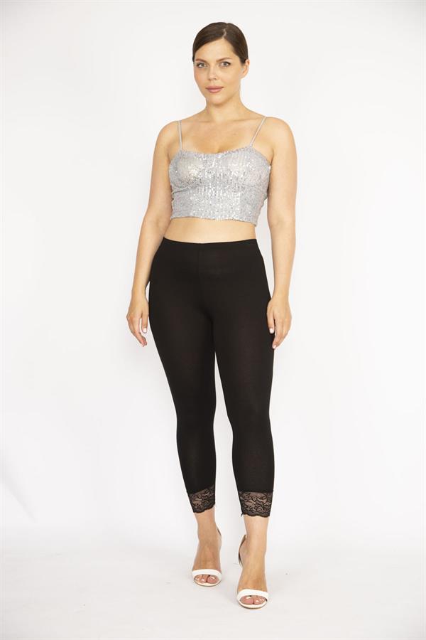 Kadın Siyah Büyük Beden Paça Dantelli Tayt