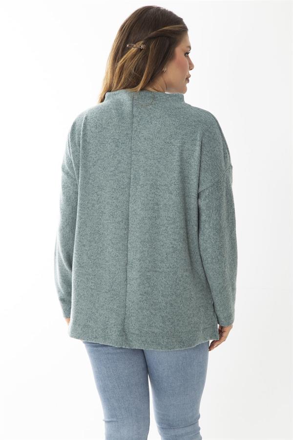 Kadın Büyük Beden Yeşil Yün Viskon Kumaş Sıfır Yakalı Yan Yırtmaçlı Tunik 65N37019
