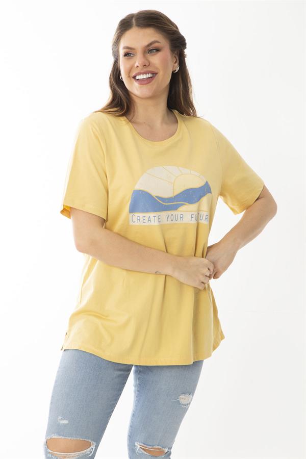 Kadın Büyük Beden Sarı Pamuklu Kumaş Ön Baskılı Bluz 65N37097
