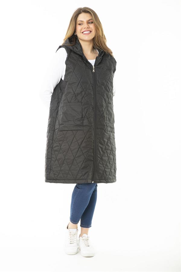 Kadın Büyük Beden Haki Ön Dermuarlı Kapşonlu Kapitone Astarlı Uzun Mont 65N37107