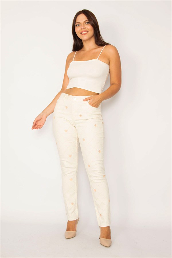 Kadın Bej Ekose Baskılı Likralı 5 Cepli Kot Pantolon 65N34151