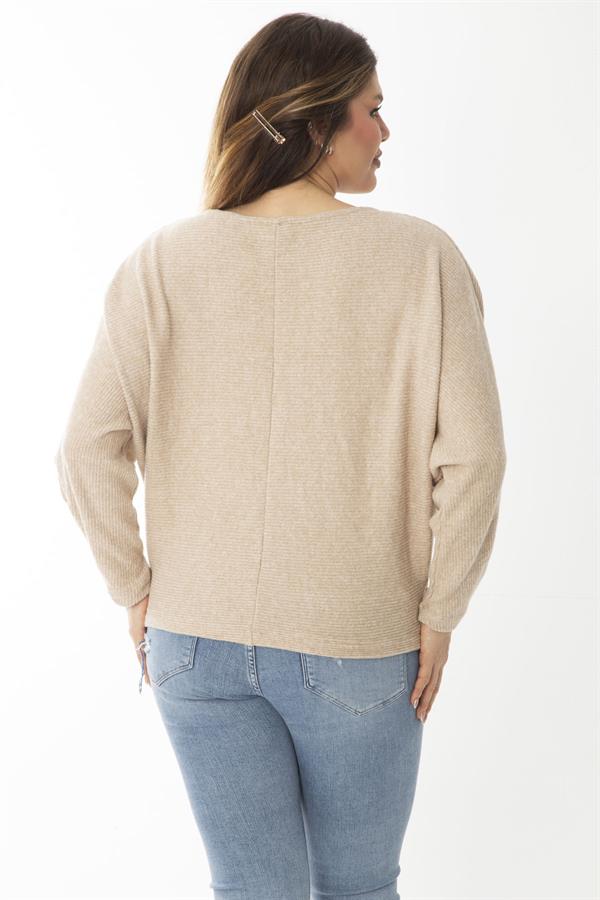 Kadın Büyük Beden Lila Yarasa Kol Kendinden Çizgili Yün Viskon Bluz 65N37007