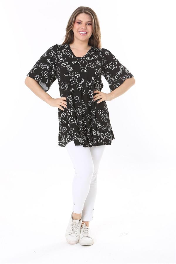 Kadın Büyük Beden Siyah Önü A Pileli V Yakalı Tunik 65N37793