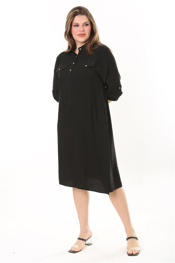 Kadın Büyük Beden Nar Ön Pat Düğmeli Süs Göğüs Cepli Kol Boyu Ayarlı Elbise 65N37871