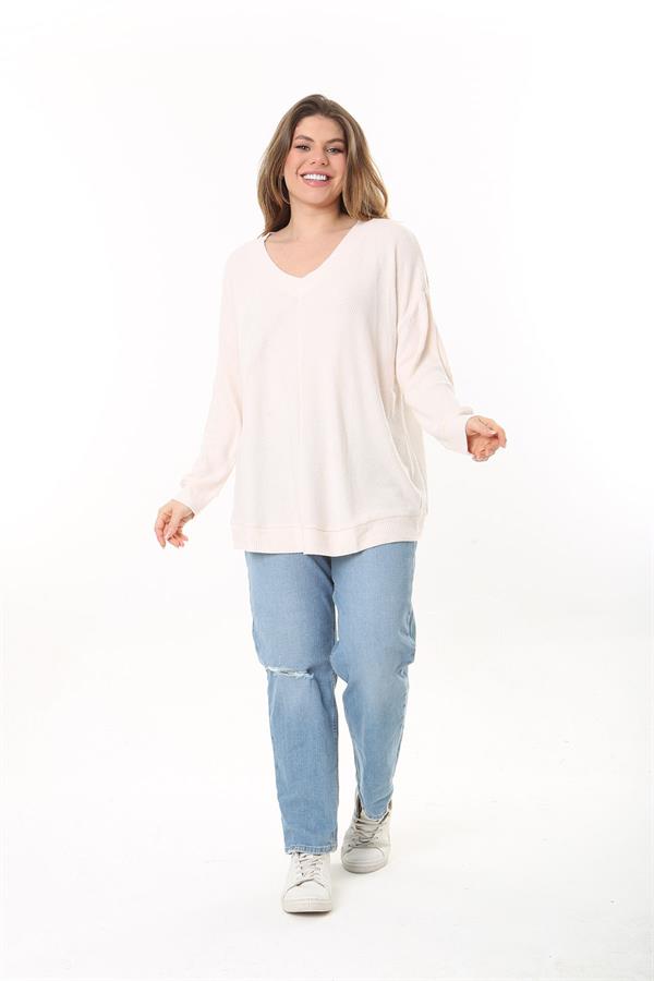 Kadın Büyük Beden Pudra V Yakalı Kendinden Çizgili Uzun Kollu Tunik 65N37527