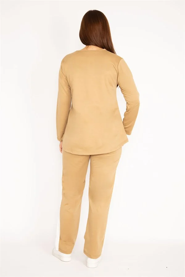 Kadın Camel V Yakallı Bluz Pantolon Takım 65N34658