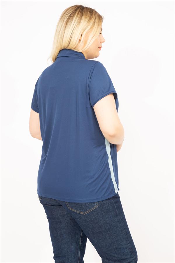 Kadın Lacivert Büyük Beden Polo Yakalı Yan Şeritli Spor Bluz 65N35771
