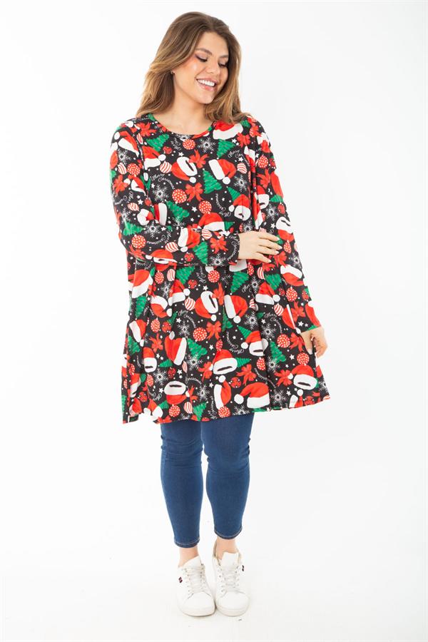 Kadın Büyük Beden Renkli Desenli Tunik Elbise 65N37413