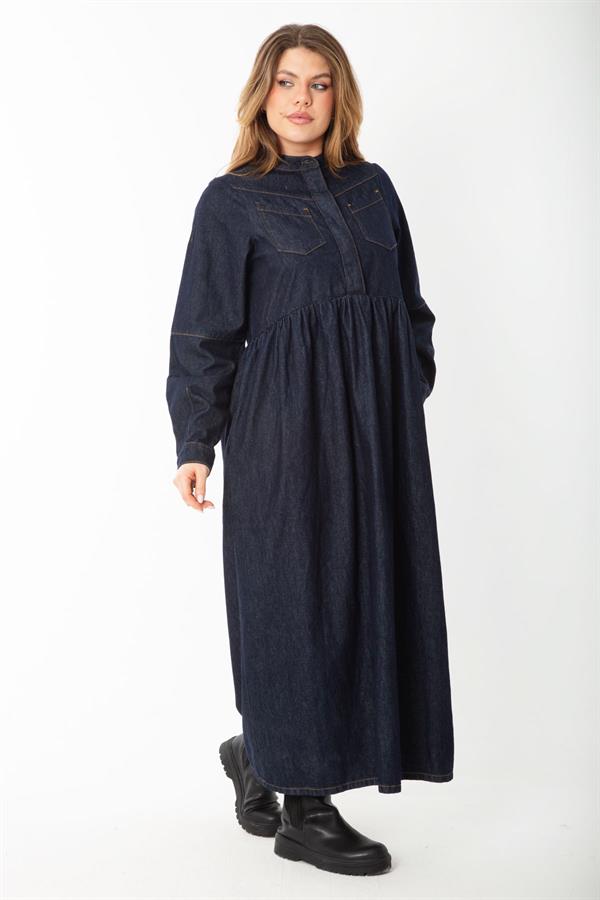 Women's Navy Blue Hidden Placket Metal Button Denim Dress 65N37375