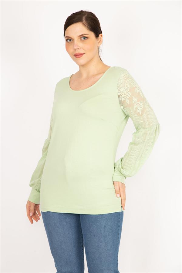 Kadın Nar Büyük Beden Kolları Tül Dantel Detaylı Tunik