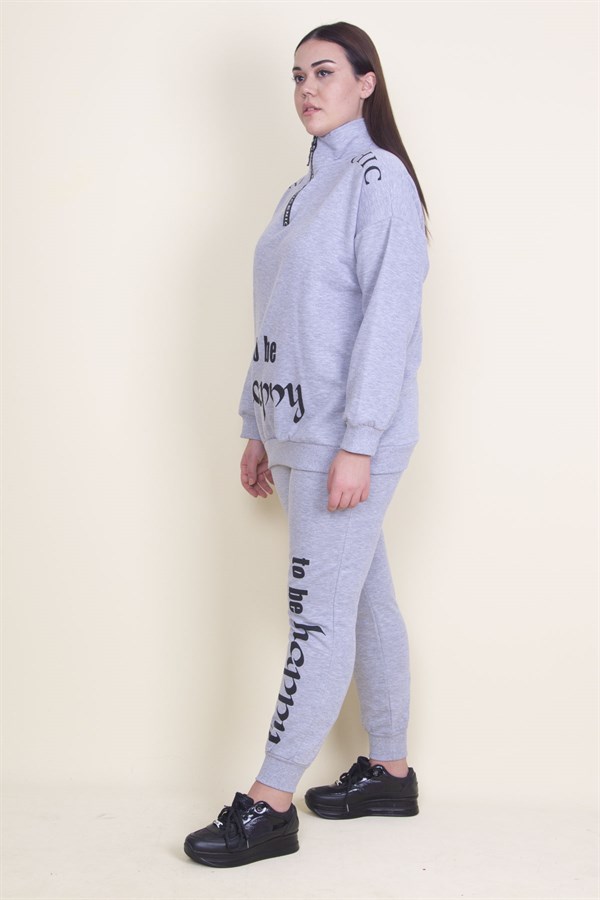 Kadın Gri Pat Fermuar Detaylı Şardonlu Baskılı Eşofman Takım 65N21019