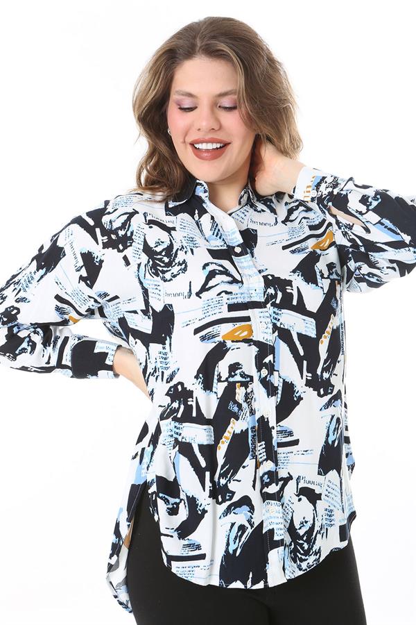 Kadın Büyük Beden Renkli Ön Düğmeli Arkası Uzun Desenli Gömlek 65N38022