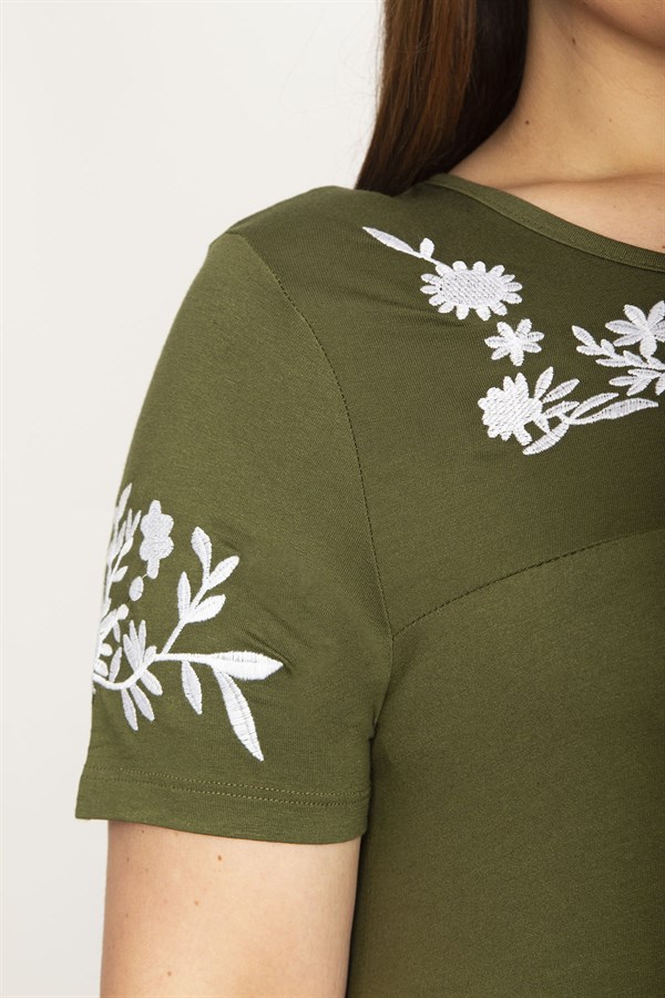 Kadın Haki Sim Detaylı Ön Baskılı Viskon Elbise 65N27473