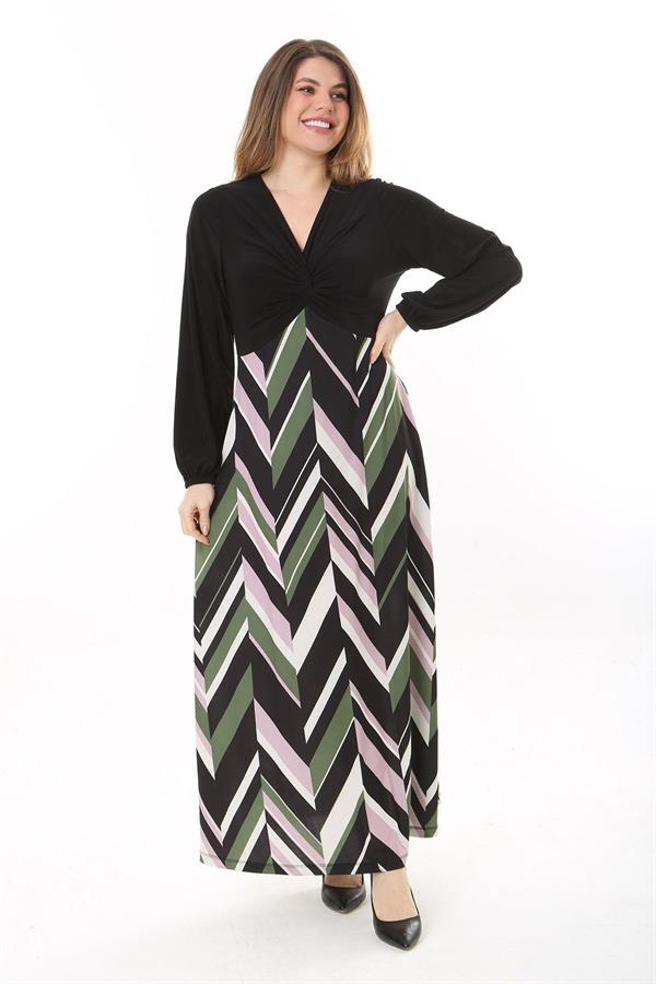 Kadın Büyük Beden Siyah Göğsü Büzgü Detaylı Uzun Kollu Elbise