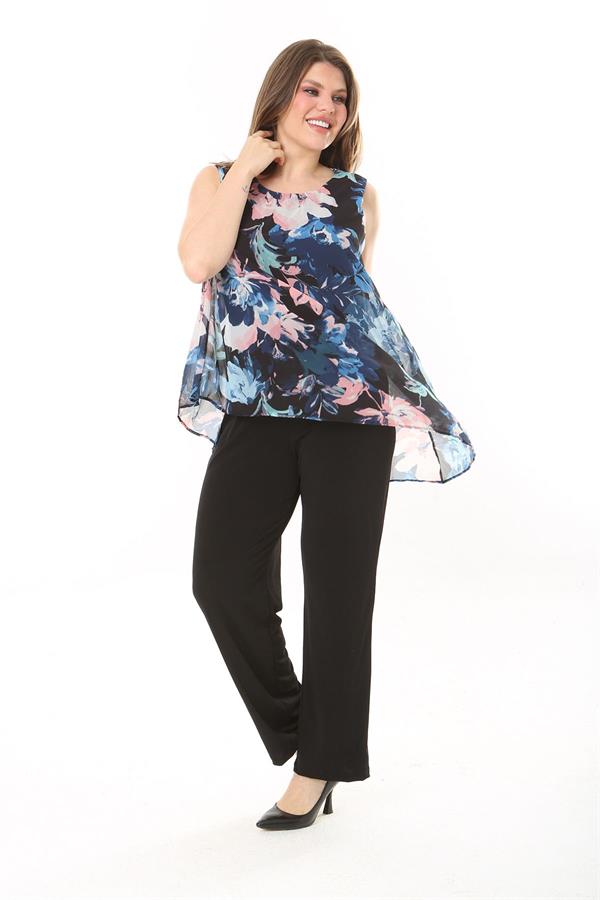 Kadın Büyük Beden Lacivert Şifon Pelerinli Tulum 65N37909