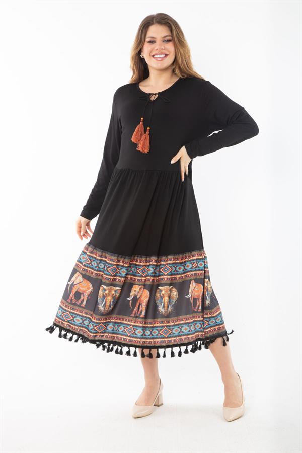 Kadın Büyük Beden Siyah Dijital Baskı Detaylı Öpücük Yakalı Katlı Elbise 65N37336