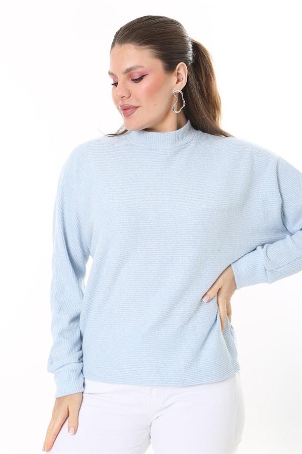 Kadın Büyük Beden Bebe Mavisi Yün Viskon Kumaş Yarasa Kollu Bluz 65N37703