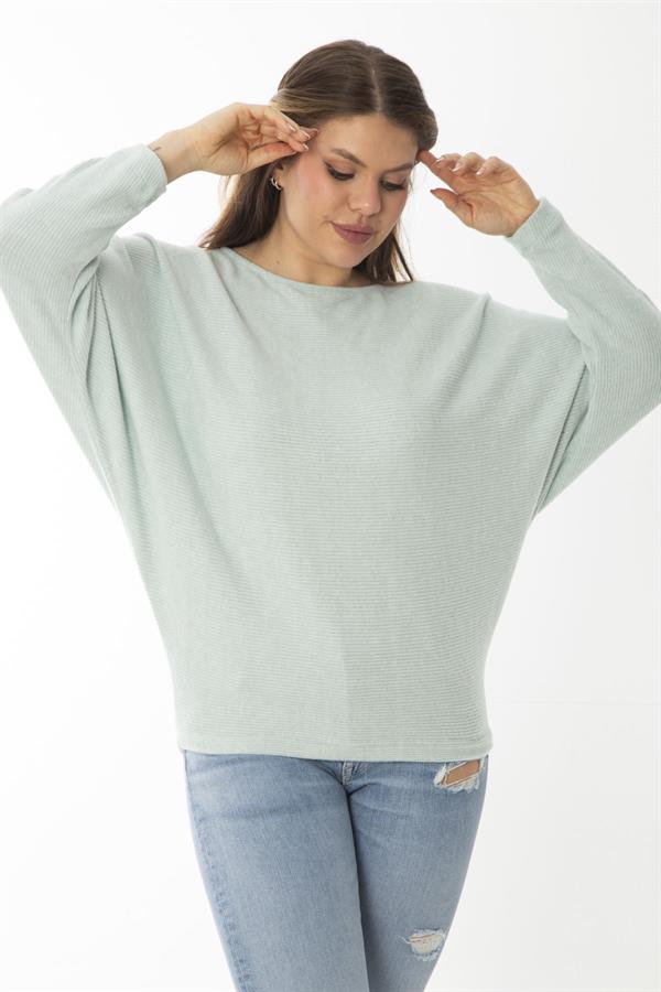 Kadın Büyük Beden Lila Yarasa Kol Kendinden Çizgili Yün Viskon Bluz 65N37007