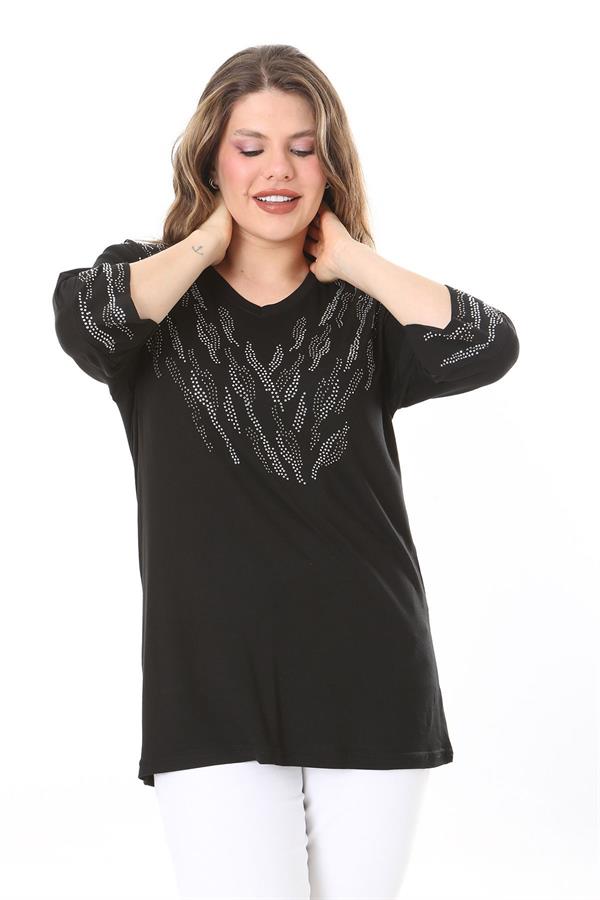 Kadın Büyük Beden Siyah Taş Detaylı Bluz     65N37976