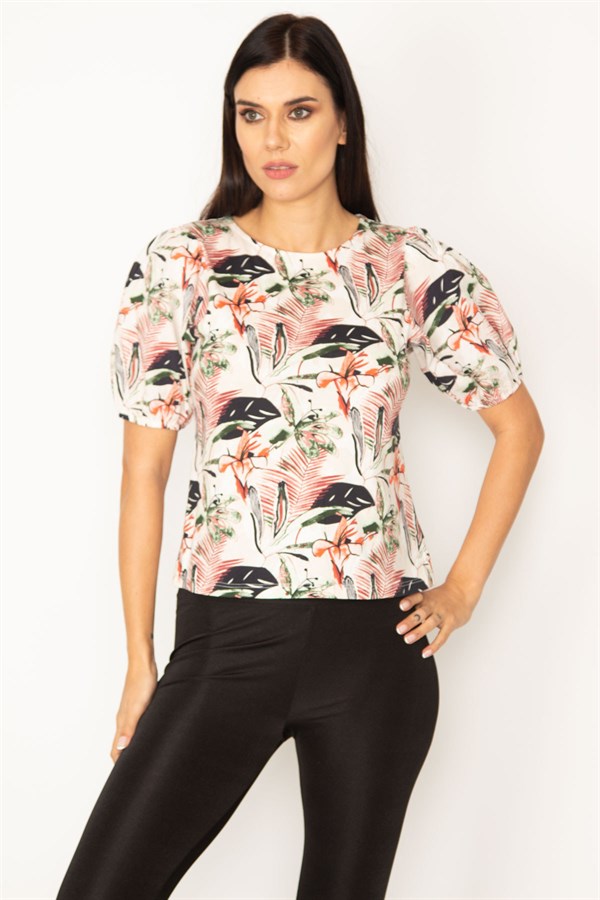 KADIN RENKLİ ÇİÇEK DESENLİ KOL DETAYLI BLUZ