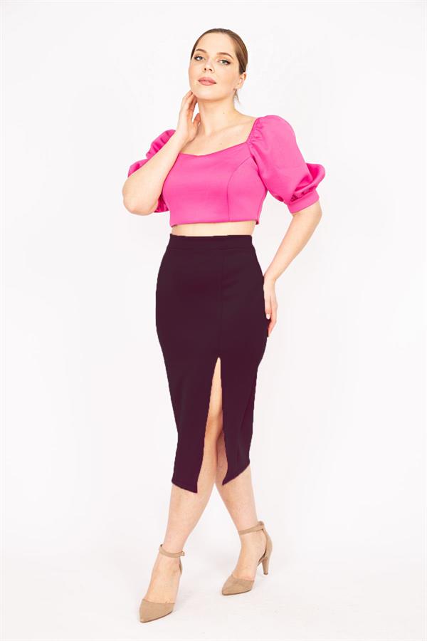 Kadın Fujya Büyük Beden Yaka Ve Kolu Lastik Detaylı Scuba Kumaç Crop