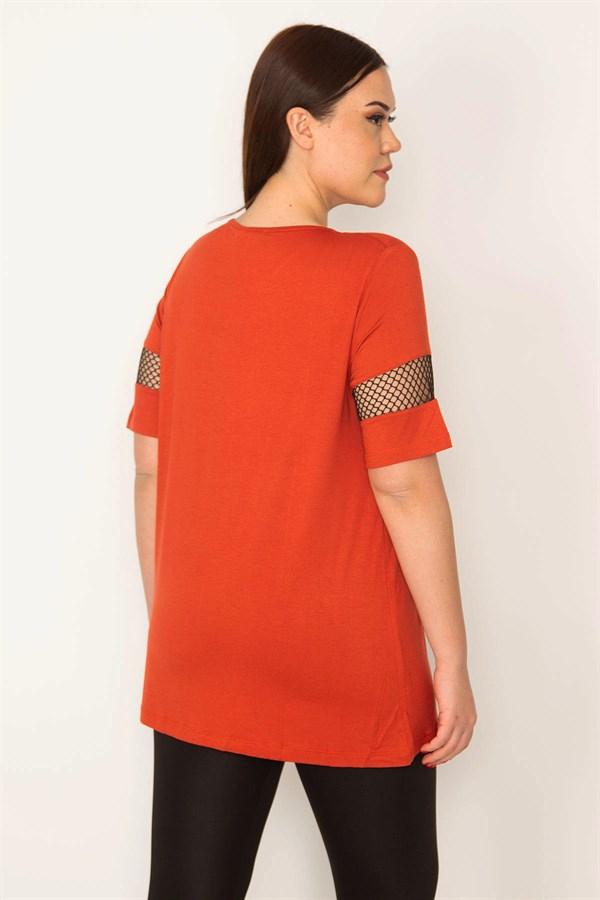 KADIN ORANJ FİLE DETAYLI VİSKON BLUZ
