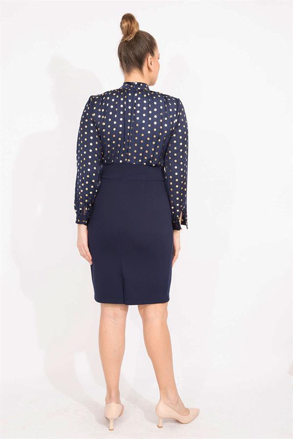 KADIN LACİVERT PUAN DESENLİ BELİ KEMERLİ ELBİSE