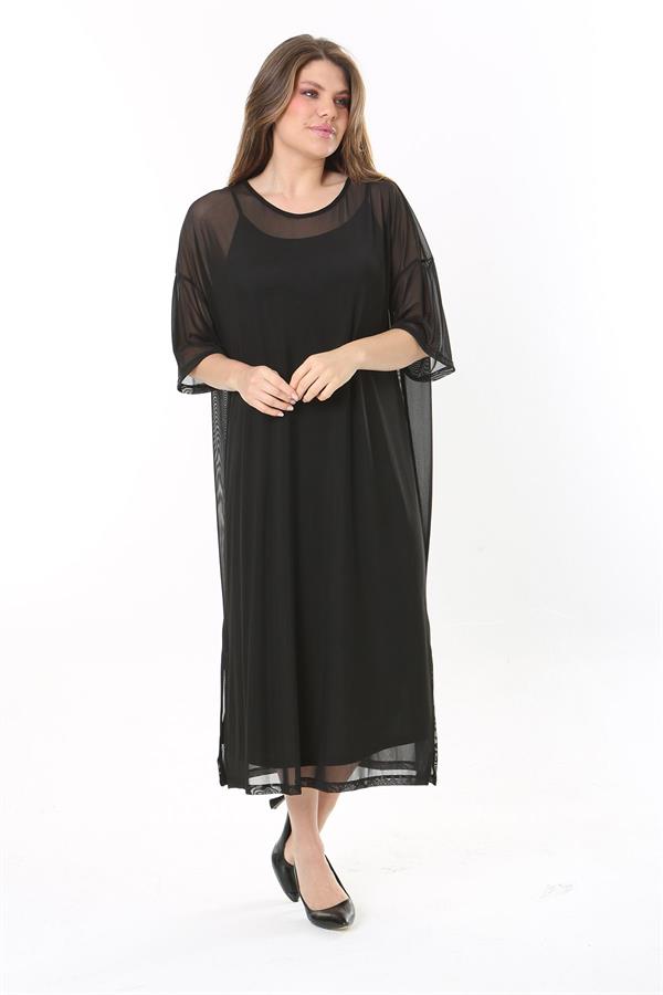 Kadın Büyük Beden Siyah İçi Askılı İki Parça Tül Elbise 65N37774