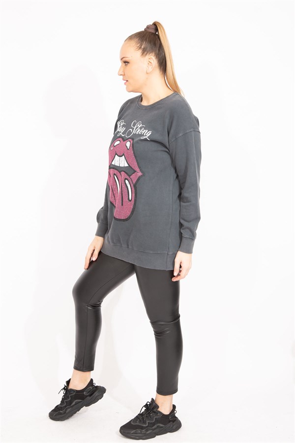 Kadın Füme Taş Detaylı Sweatshirt   65N35493