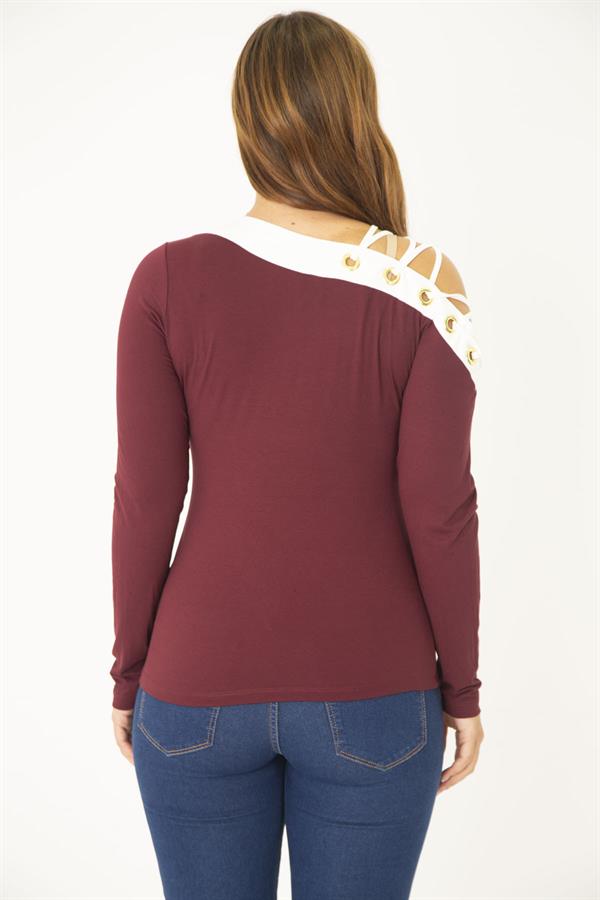 Kadın Büyük Beden Bordo Kuşgözü Ve Biye Detaylı Bluz 65N36965