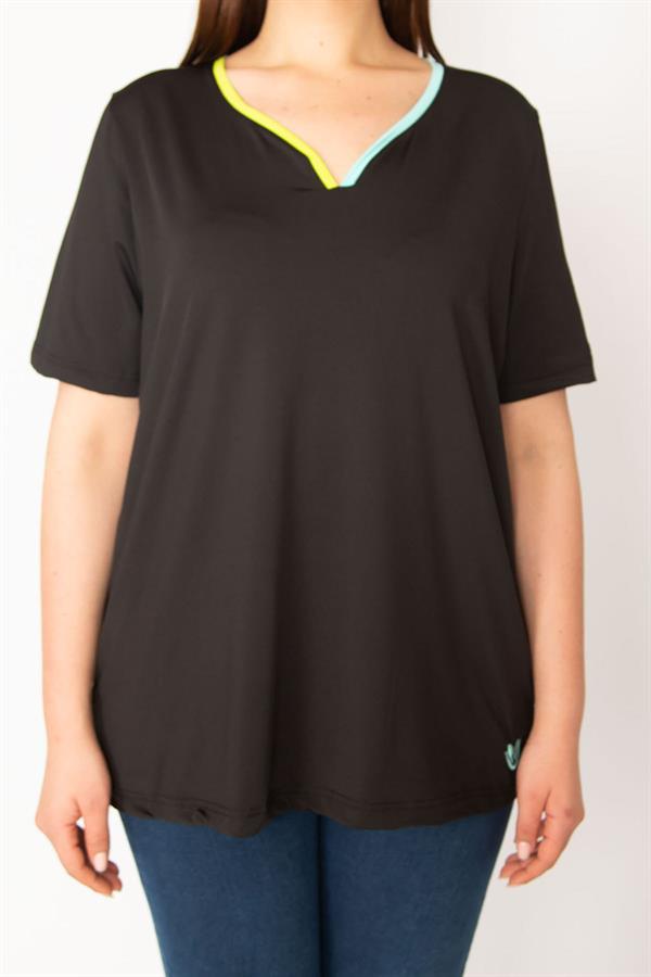 Kadın Siyah Büyük Beden Yaka Biyeli Spor Bluz 65N35618