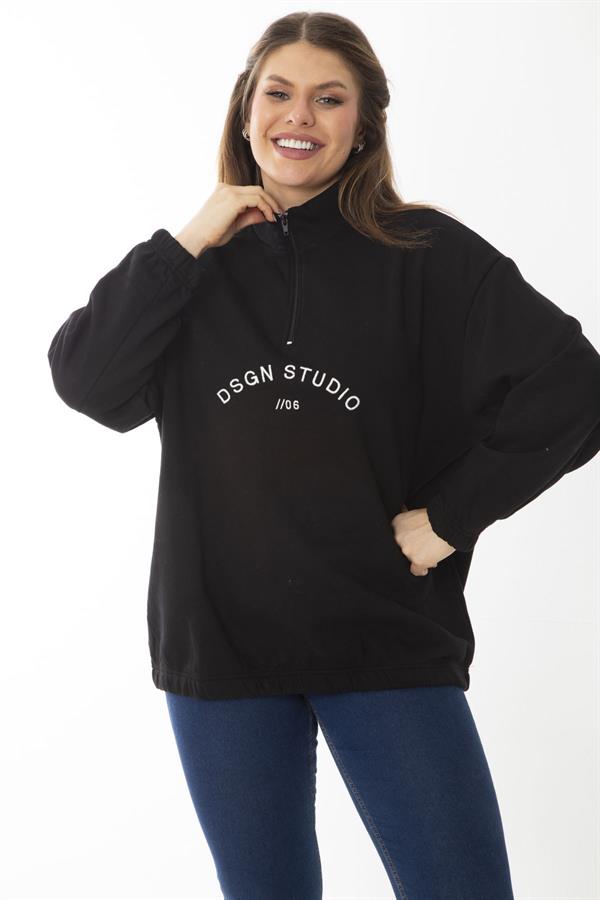 Kadın Büyük Beden Siyah İçi Şardonlu Ön Patı Fermuar Ve Nakış Detaylı Sweatshirt 65N37017