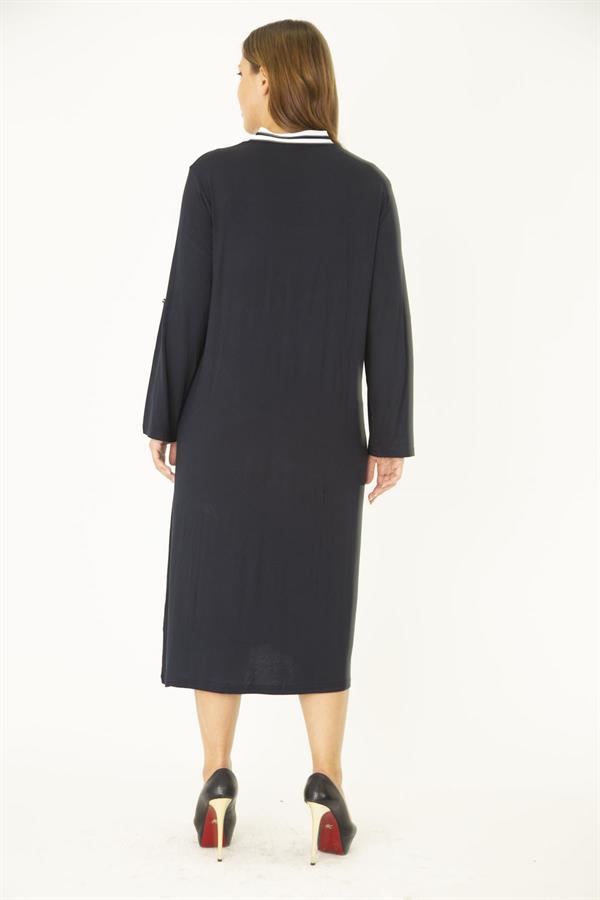 Kadın Büyük Beden Lacivert Ribana Detaylı V Yakalı Kol Boy Ayarlı Cepli Elbise 65N36829