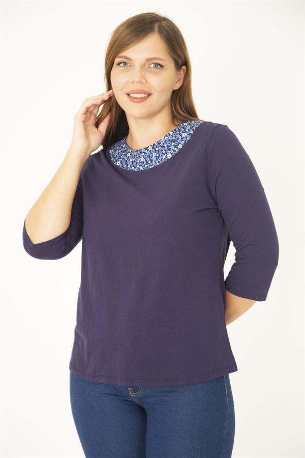 Kadın Büyük Beden Lacivert Pamuklu Kumaş Yaka Detaylı Bluz 65N36964